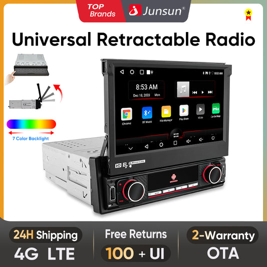 Junsun Bezprzewodowy Carplay Android Auto 7" Wysuwany Ekran Dotykowy Uniwersalne Radio 1 Din Składany Odtwarzacz Multimedialny GPS Autorad