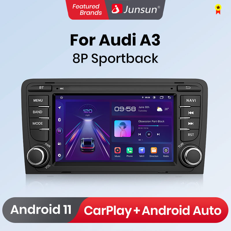 Junsun AI voice 4G LTE bezprzewodowy CarPlay Android Auto Radio dla Audi A3 8P 2003 2004 2005 2006 2007 - 2011 S3 RS3 Sportback Inteligentny system multimedialny Odbiornik stereo RDS BT 2 din autoradio GPS Navi ekran