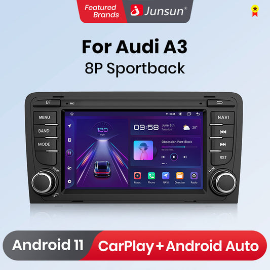 Junsun AI voice 4G LTE bezprzewodowy CarPlay Android Auto Radio dla Audi A3 8P 2003 2004 2005 2006 2007 - 2011 S3 RS3 Sportback Inteligentny system multimedialny Odbiornik stereo RDS BT 2 din autoradio GPS Navi ekran