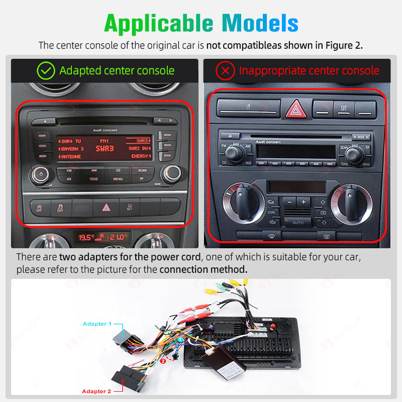 Junsun AI voice 4G LTE bezprzewodowy CarPlay Android Auto Radio dla Audi A3 8P 2003 2004 2005 2006 2007 - 2011 S3 RS3 Sportback Inteligentny system multimedialny Odbiornik stereo RDS BT 2 din autoradio GPS Navi ekran