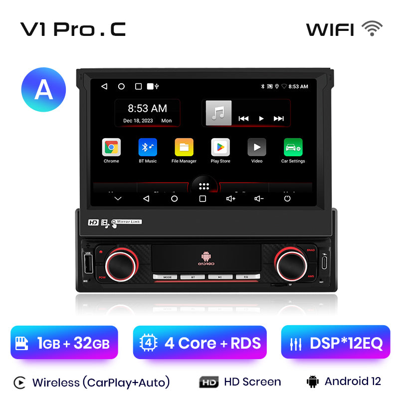 Junsun Bezprzewodowy Carplay Android Auto 7" Wysuwany Ekran Dotykowy Uniwersalne Radio 1 Din Składany Odtwarzacz Multimedialny GPS Autorad