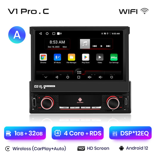 Junsun Bezprzewodowy Carplay Android Auto 7" Wysuwany Ekran Dotykowy Uniwersalne Radio 1 Din Składany Odtwarzacz Multimedialny GPS Autorad