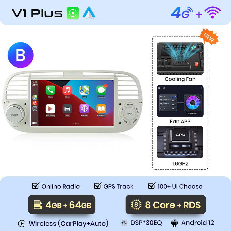 Junsun AI voice 4G LTE bezprzewodowy CarPlay Android Auto Radio do FIAT 500 Abarth 2007-2015 Inteligentny system multimedialny Odtwarzacz stereo RDS BT 2 din autoradio GPS Navi ekran
