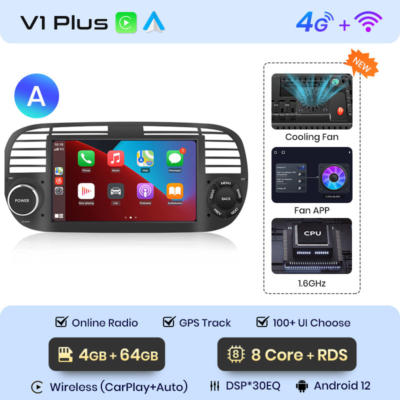 Junsun AI voice 4G LTE bezprzewodowy CarPlay Android Auto Radio do FIAT 500 Abarth 2007-2015 Inteligentny system multimedialny Odtwarzacz stereo RDS BT 2 din autoradio GPS Navi ekran