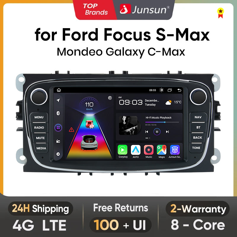 Junsun AI voice 4G LTE bezprzewodowy CarPlay Android Auto Radio do Ford Focus S-Max Mondeo Galaxy C-Max Kuga Inteligentny system multimedialny Odtwarzacz stereo RDS BT 2 din autoradio GPS Navi ekran