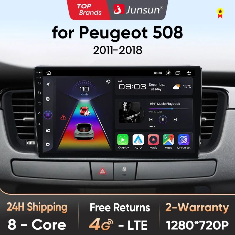 Junsun AI voice 4G LTE wireless CarPlay Android Auto Radio For Peugeot 508 508SW 2011 - 2018 Car Intelligent Systems Multimedia player Stereo RDS BT 2 din autoradio GPS Navi screen