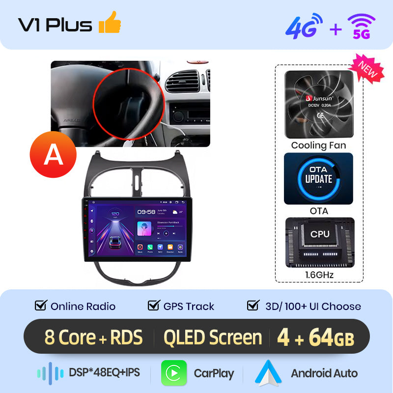 Junsun AI voice 4G LTE wireless CarPlay Android Auto Radio For Peugeot 206 206CC 206SW 2001-2008 Car Intelligent Systems Multimedia player Stereo RDS BT 2 din autoradio GPS Navi screen
