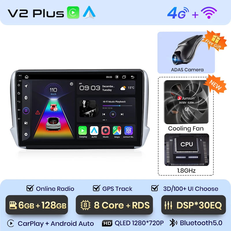 Junsun Car Radio For Peugeot 2008 208 2012 - 2018 wireless CarPlay Android Auto car intelligent systems No 2 din 2din DVD