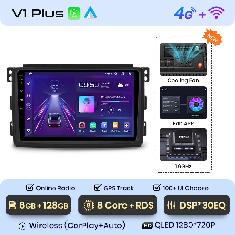 Junsun V1 AI Voice Wireless CarPlay Android Auto Radio For Smart Fortwo 451 2005 - 2010 4G Car Multimedia GPS 2din autoradio