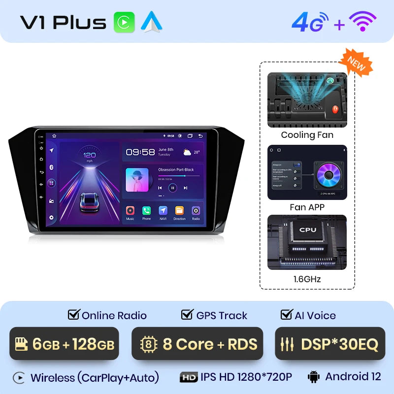 Junsun V1 AI Voice Wireless CarPlay Android Auto Radio For VW Volkswagen Passat B8 2015-2020 4G Car Multimedia GPS 2din autoradi