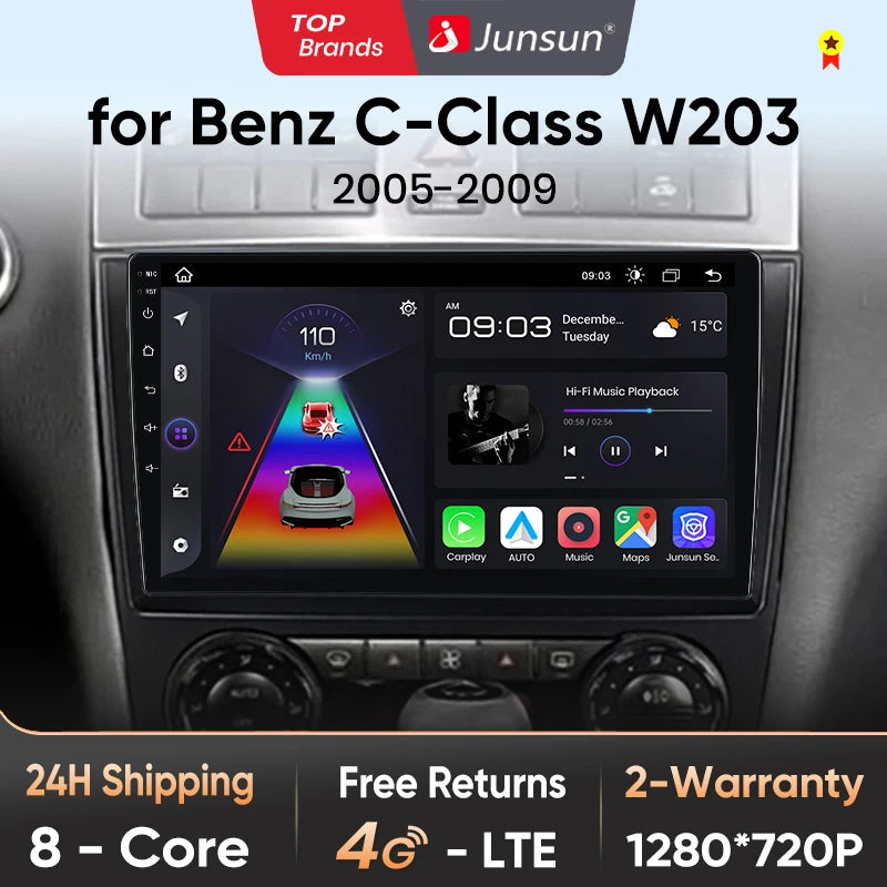 Junsun V1 AI Voice Wireless CarPlay Android Auto Radio for Benz C Class W203 2005-2009 Car Multimedia GPS 2din autoradio