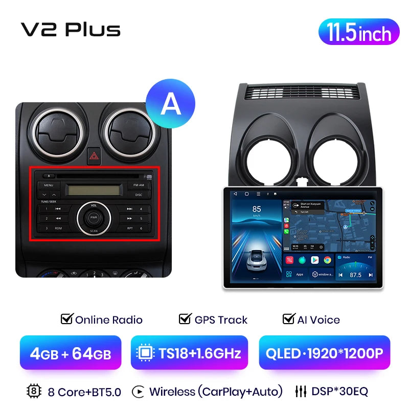 Junsun V3 Plus 2K Android 13 Wireless CarPlay Android Auto Car Intelligent Systems for Nissan Qashqai J10 2006 - 2013 Autoradio