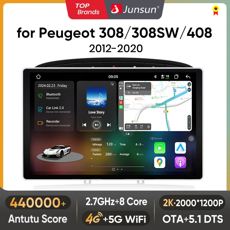 Junsun V3 Plus 2K Android 13 Wireless CarPlay Android Auto Inteligentny System Samochodowy dla Peugeot 308 308SW 408 2012-2020 Autoradio