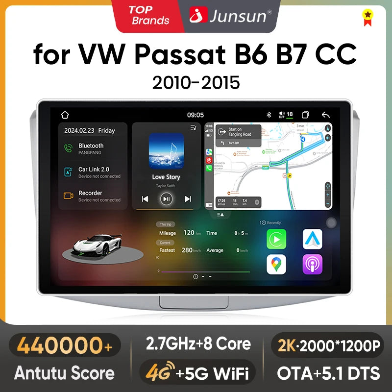 Junsun V3 Plus 2K Android 13 Wireless CarPlay Android Auto Car Intelligent Systems for VW Passat B6 B7 CC 2010-2015 Autoradio