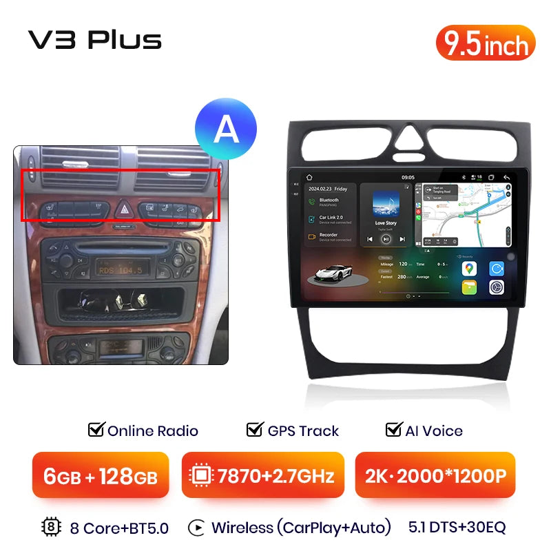 Junsun V3 Plus 2K CarPlay Android Auto Inteligentny System Samochodowy dla Mercedes Benz Klasa C Klasa CLK W203 W209 S203 A209 2000-2005