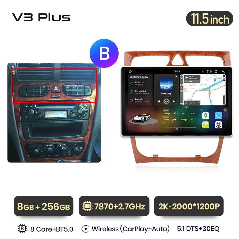 Junsun V3 Plus 2K CarPlay Android Auto Inteligentny System Samochodowy dla Mercedes Benz Klasa C Klasa CLK W203 W209 S203 A209 2000-2005