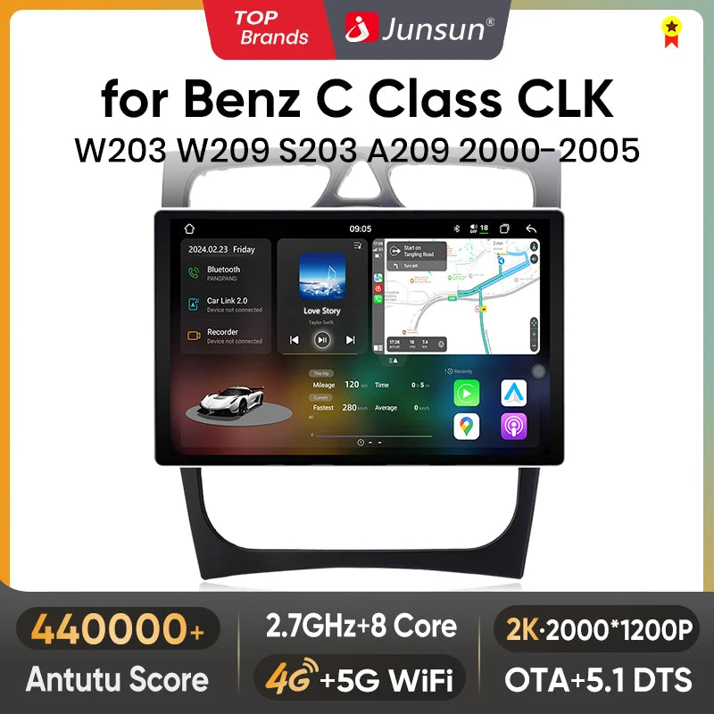 Junsun V3 Plus 2K CarPlay Android Auto Inteligentny System Samochodowy dla Mercedes Benz Klasa C Klasa CLK W203 W209 S203 A209 2000-2005