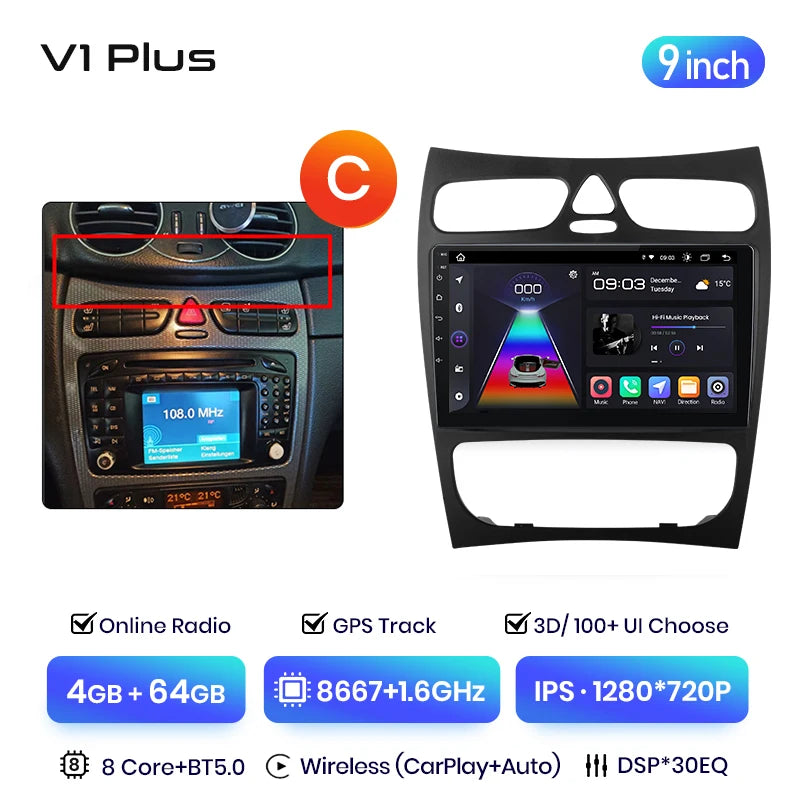 Junsun V3 Plus 2K CarPlay Android Auto Inteligentny System Samochodowy dla Mercedes Benz Klasa C Klasa CLK W203 W209 S203 A209 2000-2005