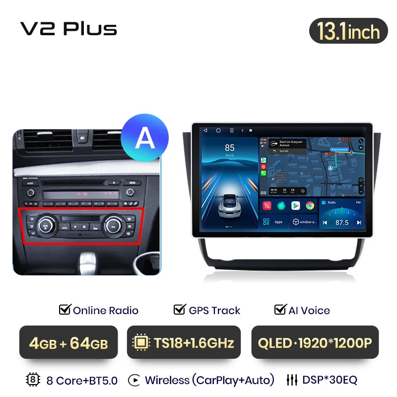 Junsun V3 Plus 2K Wireless CarPlay Android Auto Car Intelligent Systems for BMW 1-Series E87 E81 E82 E88 2004-2011 Autoradio