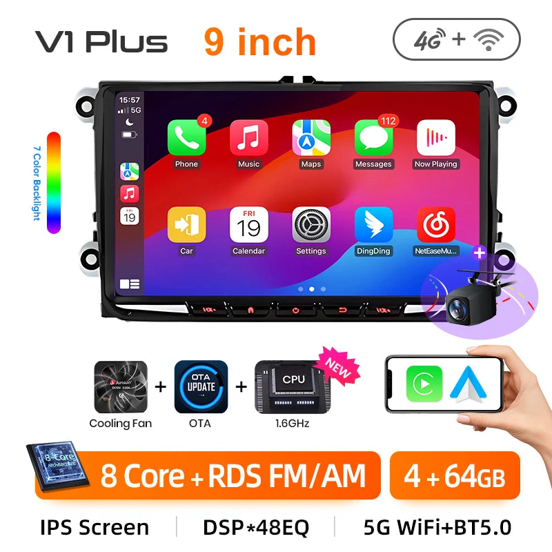 Junsun 2Din Wireless CarPlay for Apple Android Auto Car Radio Multimedia Player For VW Volkswagen Skoda Octavia PASSAT B6 GOLF