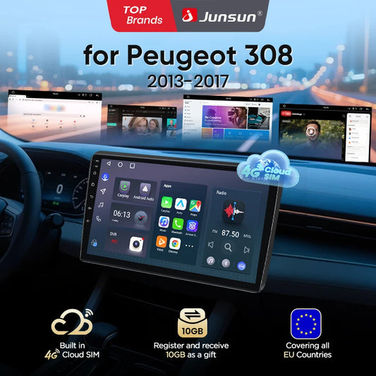 Junsun eSIM Wireless CarPlay Android Auto For Peugeot 308 308S 2013 2014 2015 2016 2017 2 Din Autoradio RDS DSP auto accessories