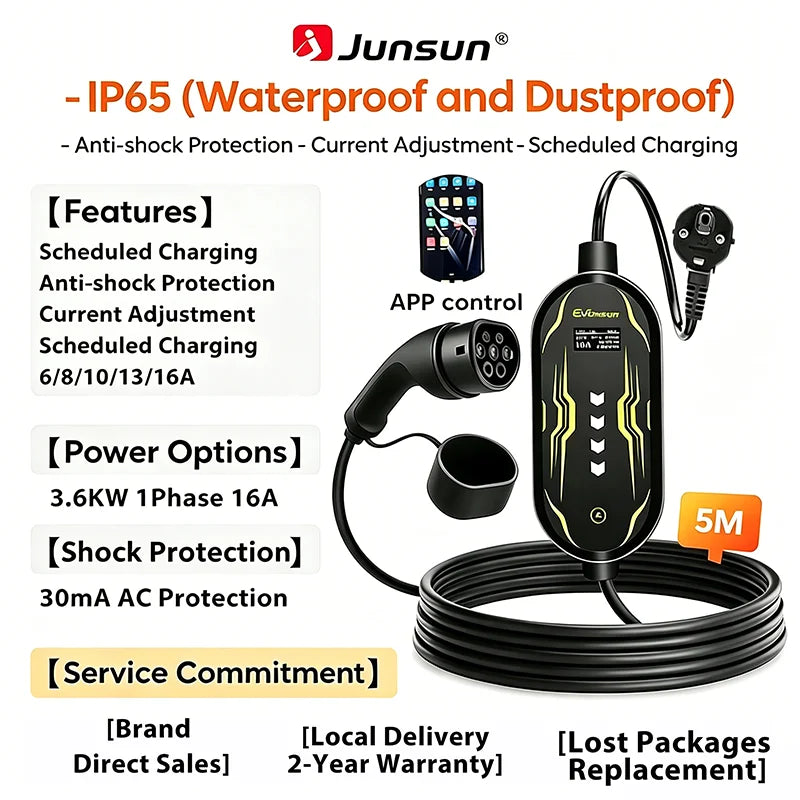 Junsun Type 2 App control Portable EV Charger 6 8 10 13 16 20 24 32A Current Adjustable IP65 Waterproof 3 6KW 7KW Compatible Scheduled Charging Function Touch Button Control Panel 2 Year Warranty for EU Plug Electric Car Hybrid