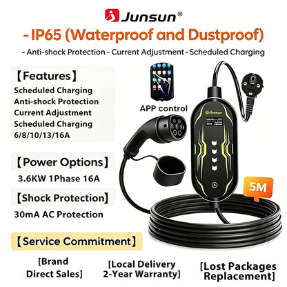 Junsun Type 2 App control Portable EV Charger 6 8 10 13 16 20 24 32A Current Adjustable IP65 Waterproof 3 6KW 7KW Compatible Scheduled Charging Function Touch Button Control Panel 2 Year Warranty for EU Plug Electric Car Hybrid