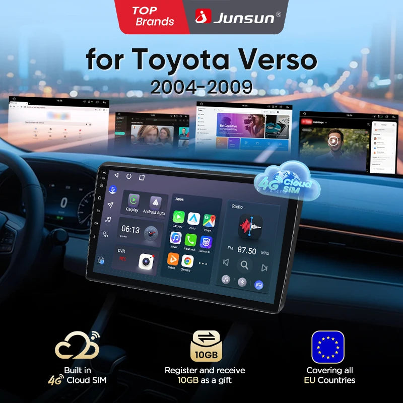 Junsun 8 Core Car Stereo For Toyota Verso 2004 2005 2006 2007-2009  Wireless Carplay Android Auto GPS Navigation FM RDS eSIM