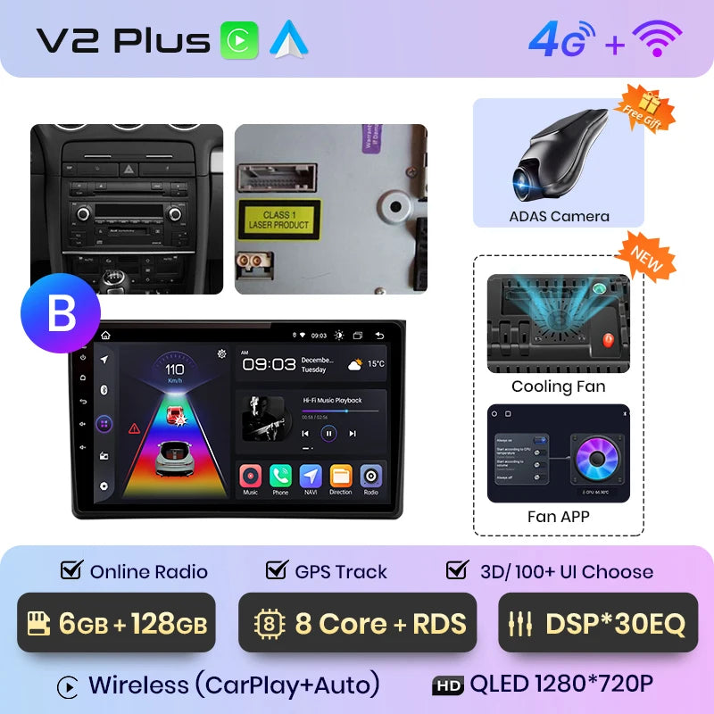 Junsun V1 AI Voice Wireless CarPlay Android Auto Radio For Audi A4 B6 2000-2009 Car Multimedia GPS 2din autoradio