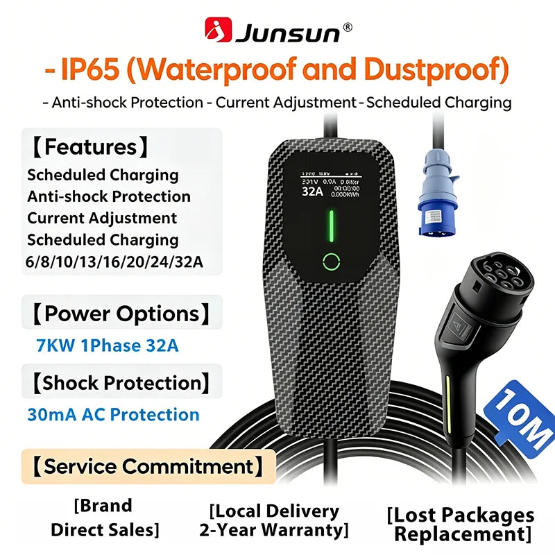 Junsun Type 2 Portable EV Charger 6A 8A 10A 13A 16A 20A 24A 32A Current Adjustable IP65 1 & 3 Phase Waterproof 3 6KW 7KW 11KW 22KW Compatible Scheduled Charging Function Touch Button Control Panel 2 Year Warranty for EU Plug Electric Car Hybrid