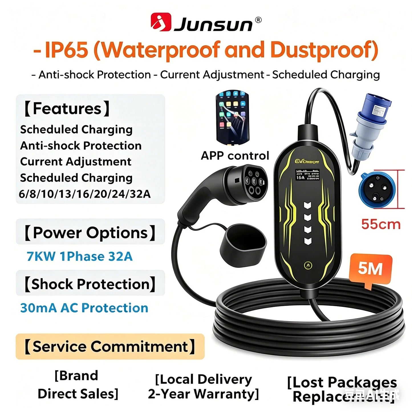 Junsun Type 2 App control Portable EV Charger 6 8 10 13 16 20 24 32A Current Adjustable IP65 Waterproof 3 6KW 7KW Compatible Scheduled Charging Function Touch Button Control Panel 2 Year Warranty for EU Plug Electric Car Hybrid