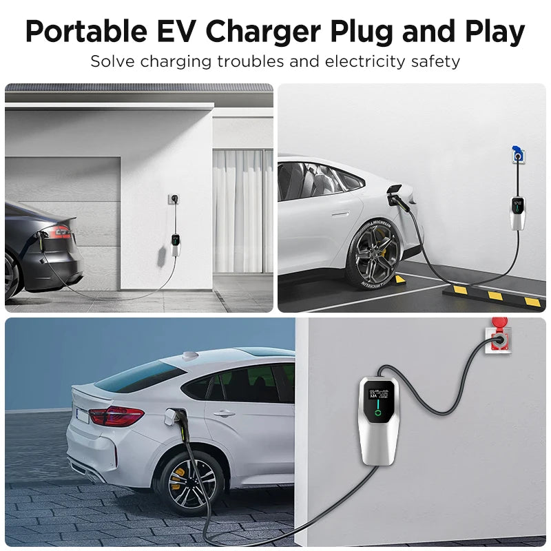 Junsun Portable EV Charger 3 6KW 7KW 11KW 22KW IP65 Waterproof Type 2 Charging Cable 6 8 10 13 16 20 24 32A Adjustable Current Scheduled Charging Delay Timer Touch Button Control 2 Year Warranty for EU Stock Electric Car