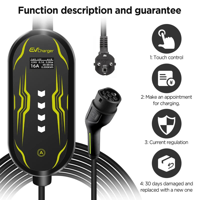 Junsun Type 2 App control Portable EV Charger 6 8 10 13 16 20 24 32A Current Adjustable IP65 Waterproof 3 6KW 7KW Compatible Scheduled Charging Function Touch Button Control Panel 2 Year Warranty for EU Plug Electric Car Hybrid
