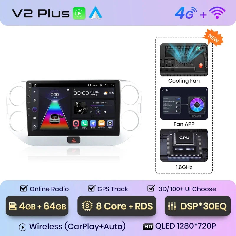 Junsun Wireless CarPlay Android Auto Radio For VOLKSWAGEN TIGUAN 2010 2011 2012-2017 Car Intelligent Systems RDS BT WiFi 2 din