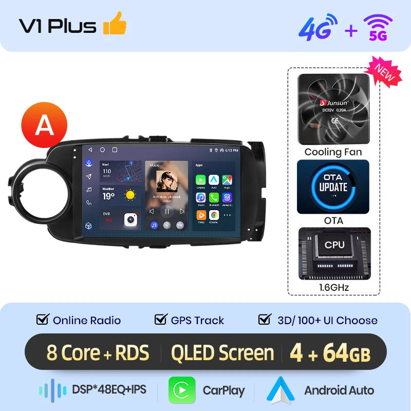 Junsun AI voice 4G LTE wireless CarPlay Android Auto Radio For Toyota Yaris 2012 2013 20014 2015-2017 Car Intelligent Systems Multimedia player Stereo RDS BT 2 din autoradio GPS Navi screen
