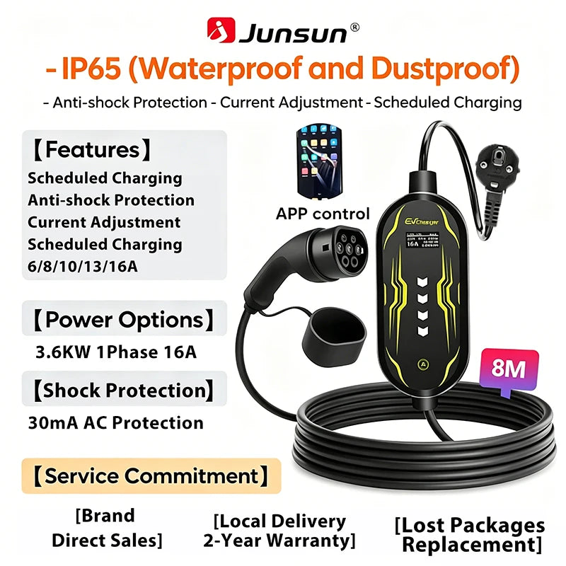 Junsun Type 2 App control Portable EV Charger 6 8 10 13 16 20 24 32A Current Adjustable IP65 Waterproof 3 6KW 7KW Compatible Scheduled Charging Function Touch Button Control Panel 2 Year Warranty for EU Plug Electric Car Hybrid