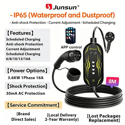Junsun Type 2 App control Portable EV Charger 6 8 10 13 16 20 24 32A Current Adjustable IP65 Waterproof 3 6KW 7KW Compatible Scheduled Charging Function Touch Button Control Panel 2 Year Warranty for EU Plug Electric Car Hybrid