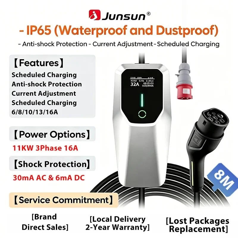 Junsun Portable EV Charger 3 6KW 7KW 11KW 22KW IP65 Waterproof Type 2 Charging Cable 6 8 10 13 16 20 24 32A Adjustable Current Scheduled Charging Delay Timer Touch Button Control 2 Year Warranty for EU Stock Electric Car