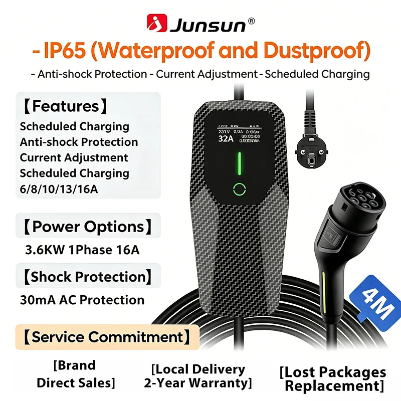 Junsun Type 2 Portable EV Charger 6A 8A 10A 13A 16A 20A 24A 32A Current Adjustable IP65 1 & 3 Phase Waterproof 3 6KW 7KW 11KW 22KW Compatible Scheduled Charging Function Touch Button Control Panel 2 Year Warranty for EU Plug Electric Car Hybrid