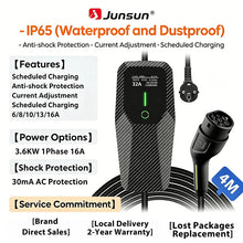 Junsun Type 2 Portable EV Charger 6A 8A 10A 13A 16A 20A 24A 32A Current Adjustable IP65 1 & 3 Phase Waterproof 3 6KW 7KW 11KW 22KW Compatible Scheduled Charging Function Touch Button Control Panel 2 Year Warranty for EU Plug Electric Car Hybrid Junsun Official Store
