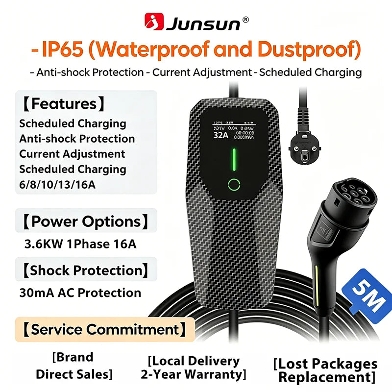 Junsun Type 2 Portable EV Charger 6A 8A 10A 13A 16A 20A 24A 32A Current Adjustable IP65 1 & 3 Phase Waterproof 3 6KW 7KW 11KW 22KW Compatible Scheduled Charging Function Touch Button Control Panel 2 Year Warranty for EU Plug Electric Car Hybrid
