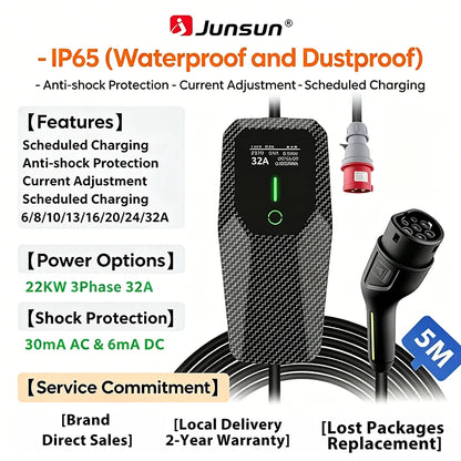 Junsun Type 2 Portable EV Charger 6A 8A 10A 13A 16A 20A 24A 32A Current Adjustable IP65 1 & 3 Phase Waterproof 3 6KW 7KW 11KW 22KW Compatible Scheduled Charging Function Touch Button Control Panel 2 Year Warranty for EU Plug Electric Car Hybrid