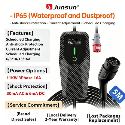 Junsun Type 2 Portable EV Charger 6A 8A 10A 13A 16A 20A 24A 32A Current Adjustable IP65 1 & 3 Phase Waterproof 3 6KW 7KW 11KW 22KW Compatible Scheduled Charging Function Touch Button Control Panel 2 Year Warranty for EU Plug Electric Car Hybrid