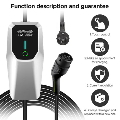 Junsun Portable EV Charger 3 6KW 7KW 11KW 22KW IP65 Waterproof Type 2 Charging Cable 6 8 10 13 16 20 24 32A Adjustable Current Scheduled Charging Delay Timer Touch Button Control 2 Year Warranty for EU Stock Electric Car