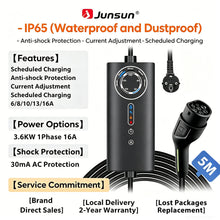 Junsun Type 2 Portable EV Charger 3.6KW 7KW 11KW 22KW IP65 Waterproof Outdoor Mode 2 Charging Cable with 6 8 10 13 16 20 24 32A Adjustable Current Scheduled Charging Function Touch Buttons Control 2 Year Warranty for EU Electric Cars Hybrid BEV Junsun Official Store