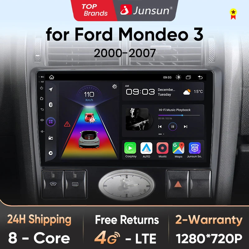 Junsun AI voice 4G LTE wireless CarPlay Android Auto Radio For Ford Mondeo 3 2000 -2007 Car Intelligent Systems Multimedia player Stereo RDS BT 2 din autoradio GPS Navi screen