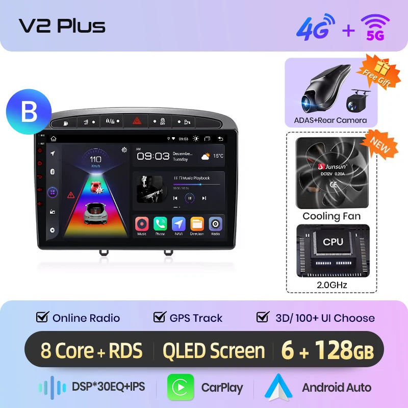 Junsun Android Wireless CarPlay Auto Car Radio For Peugeot 308 308SW 408 2012-2020 Car Intelligent Systems DSP SWC RDS GPS FM BT