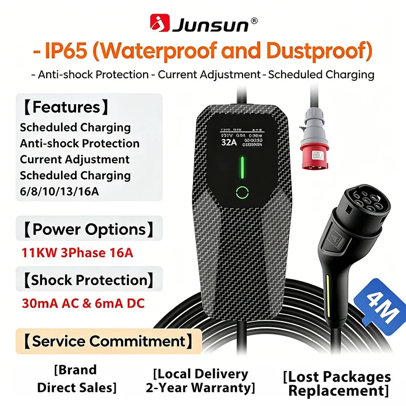 Junsun Type 2 Portable EV Charger 6A 8A 10A 13A 16A 20A 24A 32A Current Adjustable IP65 1 & 3 Phase Waterproof 3 6KW 7KW 11KW 22KW Compatible Scheduled Charging Function Touch Button Control Panel 2 Year Warranty for EU Plug Electric Car Hybrid