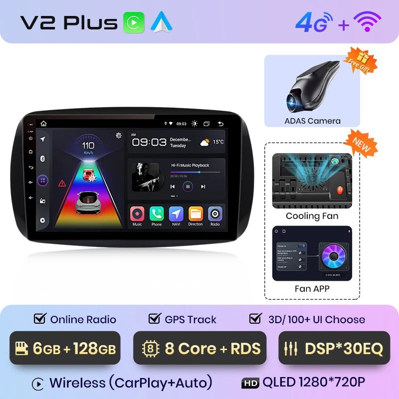 Junsun V1 AI Voice Wireless CarPlay Android Auto Radio for Mercedes Benz Smart 2016 Car Multimedia GPS 2din autoradio