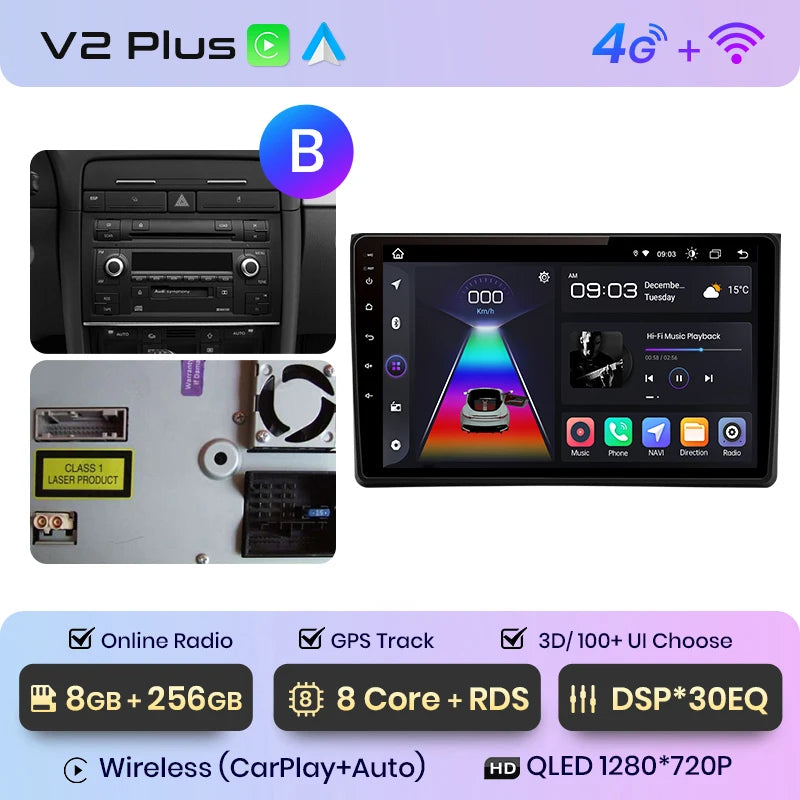 Junsun V1 AI Voice Wireless CarPlay Android Auto Radio For Audi A4 B6 2000-2009 Car Multimedia GPS 2din autoradio
